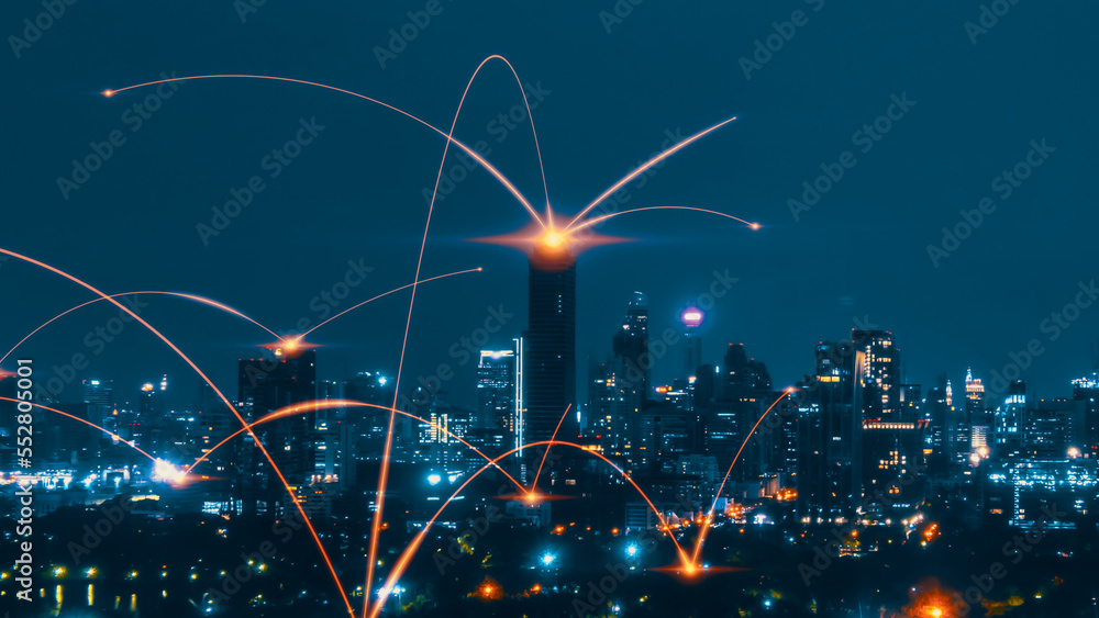 Smart digital city with connection network reciprocity over the cityscape . Concept of future smart 