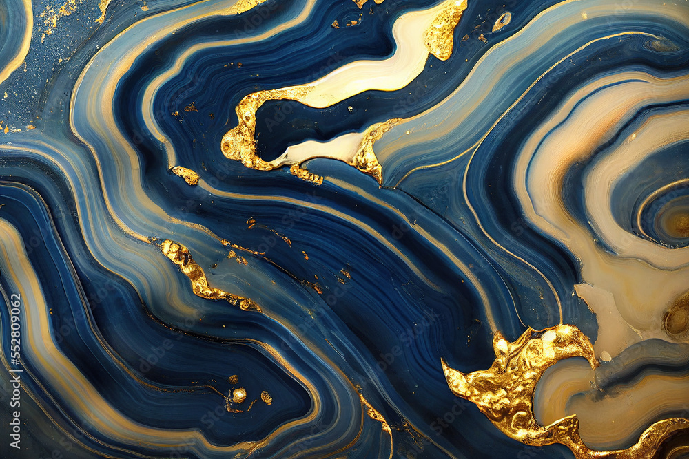 Splendid blue and gold luxury abstract artwork in alcohol ink technique. Generative AI. 