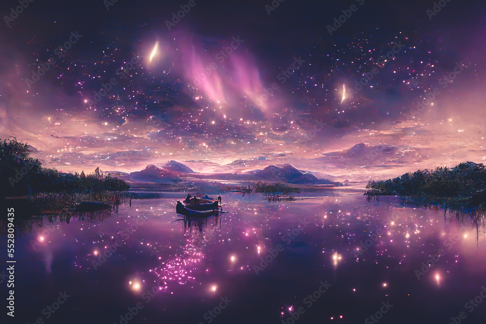 Splendid starry night lake in digital art . Generative AI. 