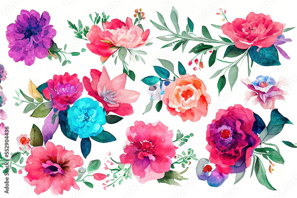 Flower bouquet set watercolor pieces of artwork design. Generative AI. 