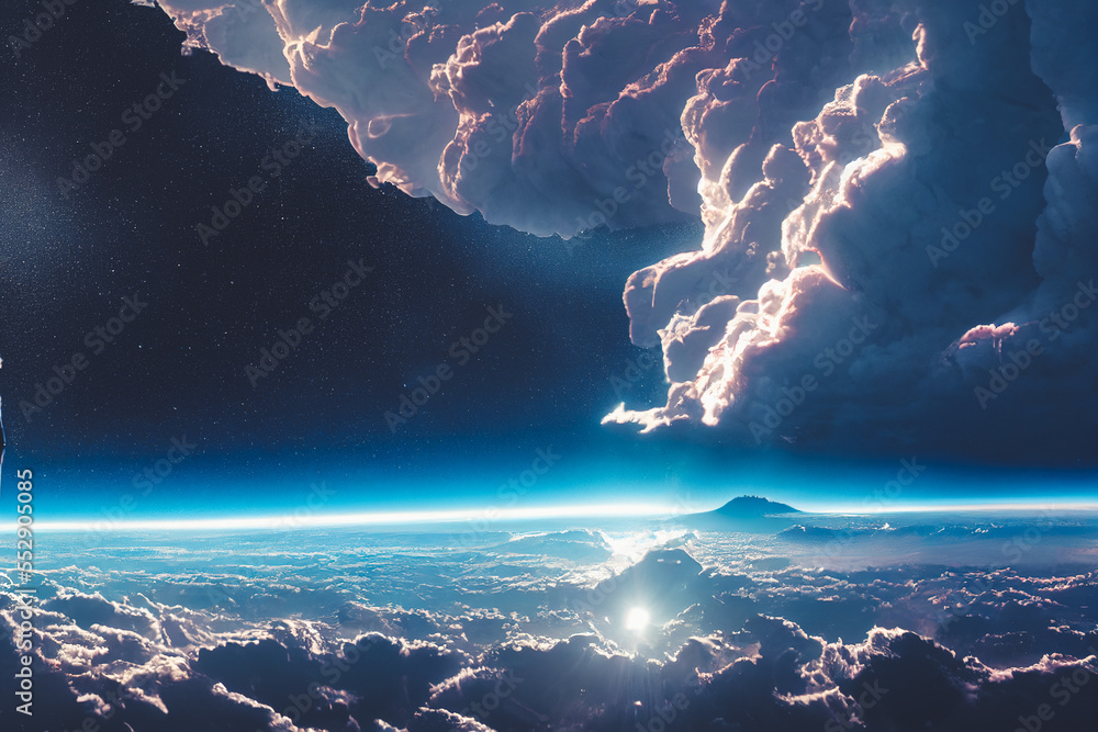 Splendid cloudscape above earths atmosphere with starry space at horizon. Generative AI. 