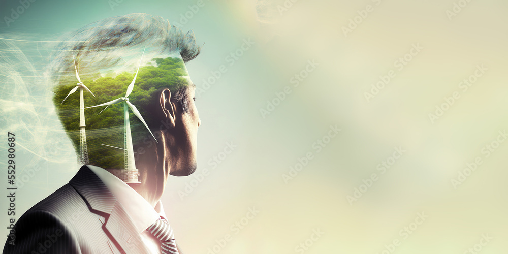 Sustainability development devotion by alternative energy double exposure image. Generative AI. 