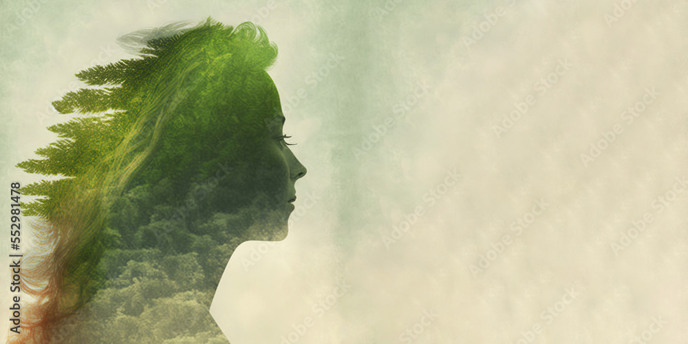 Concept of environment caring devotion shown by woman and forest double exposure. Generative AI. 