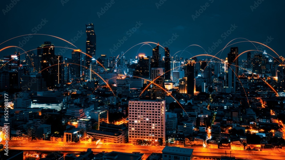 Smart digital city with connection network reciprocity over the cityscape . Concept of future smart 