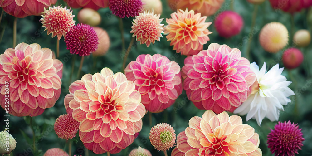 Dahlia flower banquet beautiful spectacular flower arrangement background. Generative AI. 