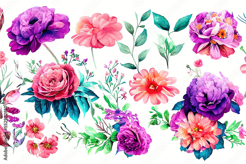 Flower bouquet set watercolor pieces of artwork design. Generative AI. 