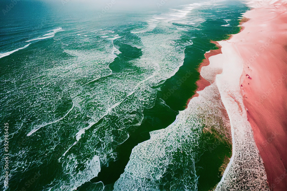 Spectacular top view from drone photo of beautiful pink beach. Generative AI. 