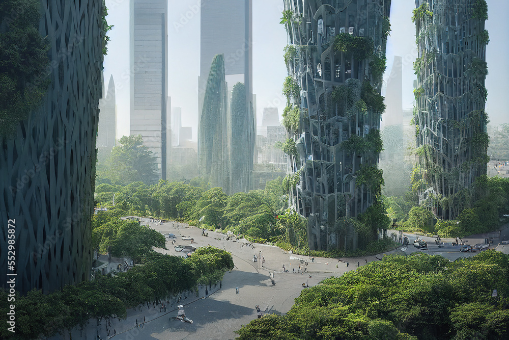 Splendid city covered with green trees and plant. Digital art . Generative AI. 