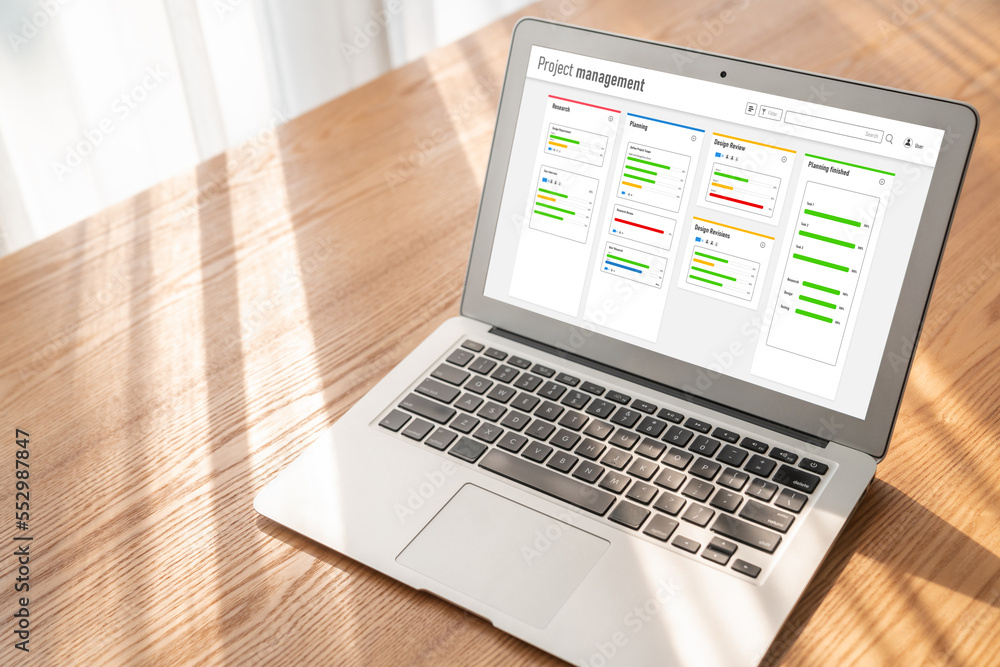 Project planning software for modish business project management on the computer screen showing time