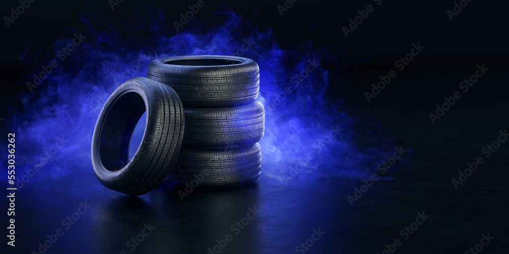 New tires pile with blue smoke on black background - 3d rendering of car tires. Auto service, Tyres 