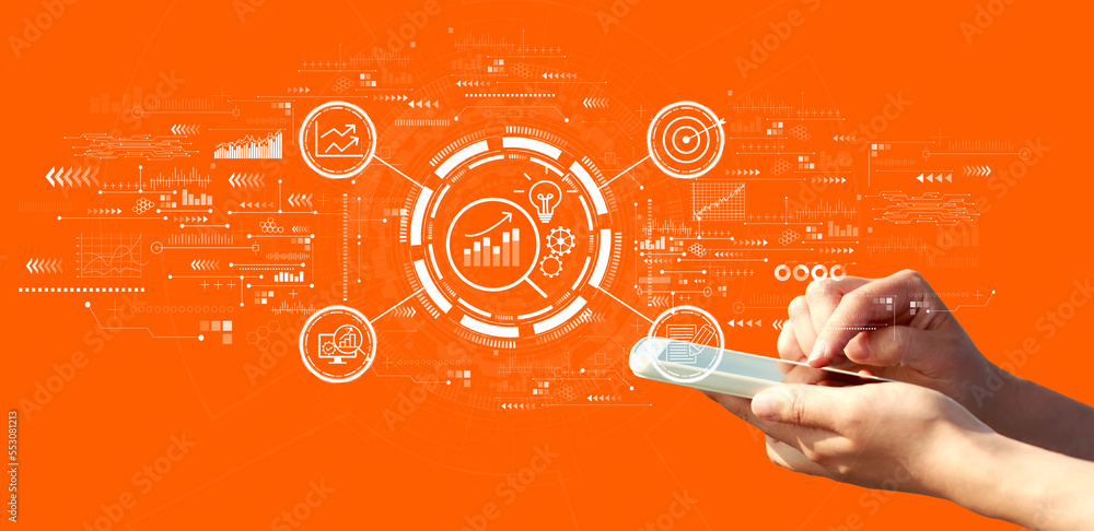 Data Analysis concept with person using a smartphone on a orange background