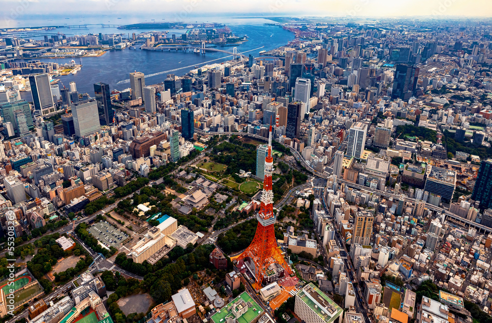 Aerial view of Tokyo Tower in Minato City, Tokyo, Japan