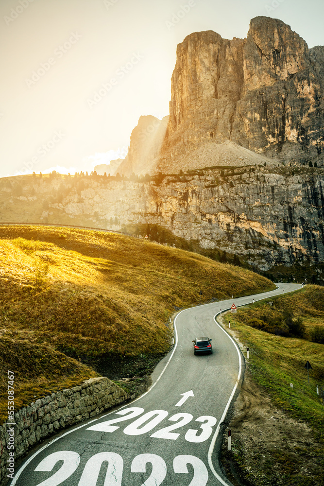 2023 New Year road trip travel and future vision concept . Nature landscape with highway road leadin