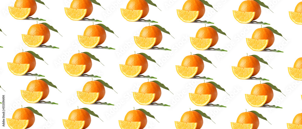 Fresh juicy oranges on white background. Pattern for design