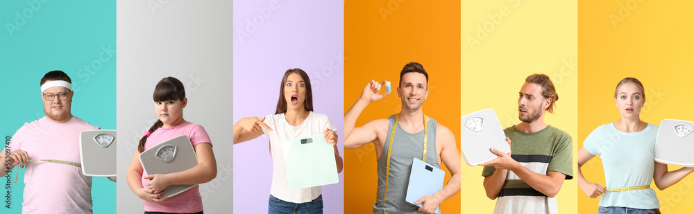 Set of people with weight scales on colorful background