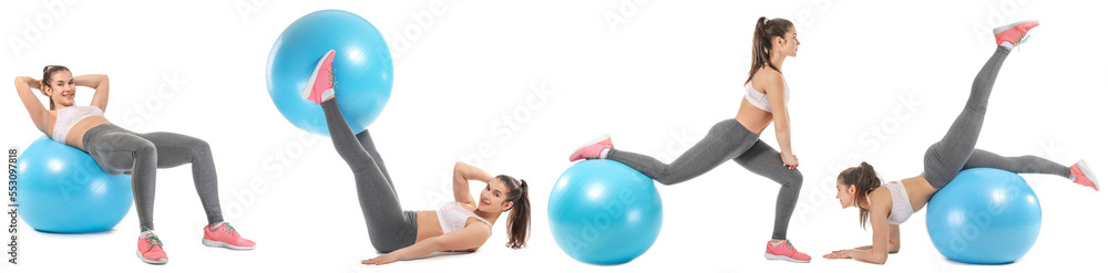 Set of sporty young woman with fitball doing pilates on white background