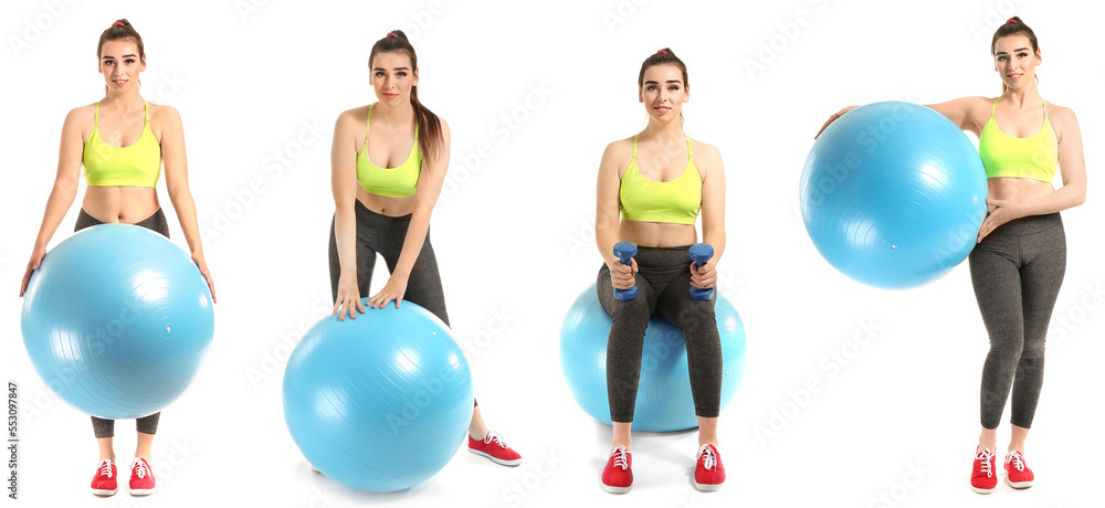 Set of sporty young woman with fitball on white background