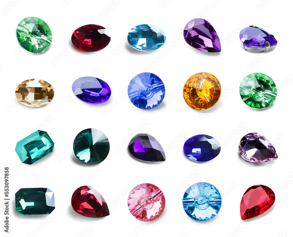 Set of colorful precious gemstones for jewellery isolated on white