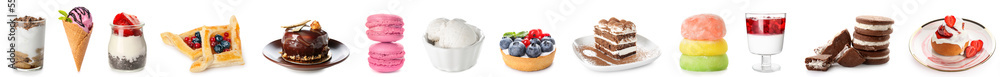 Group of tasty desserts on white background