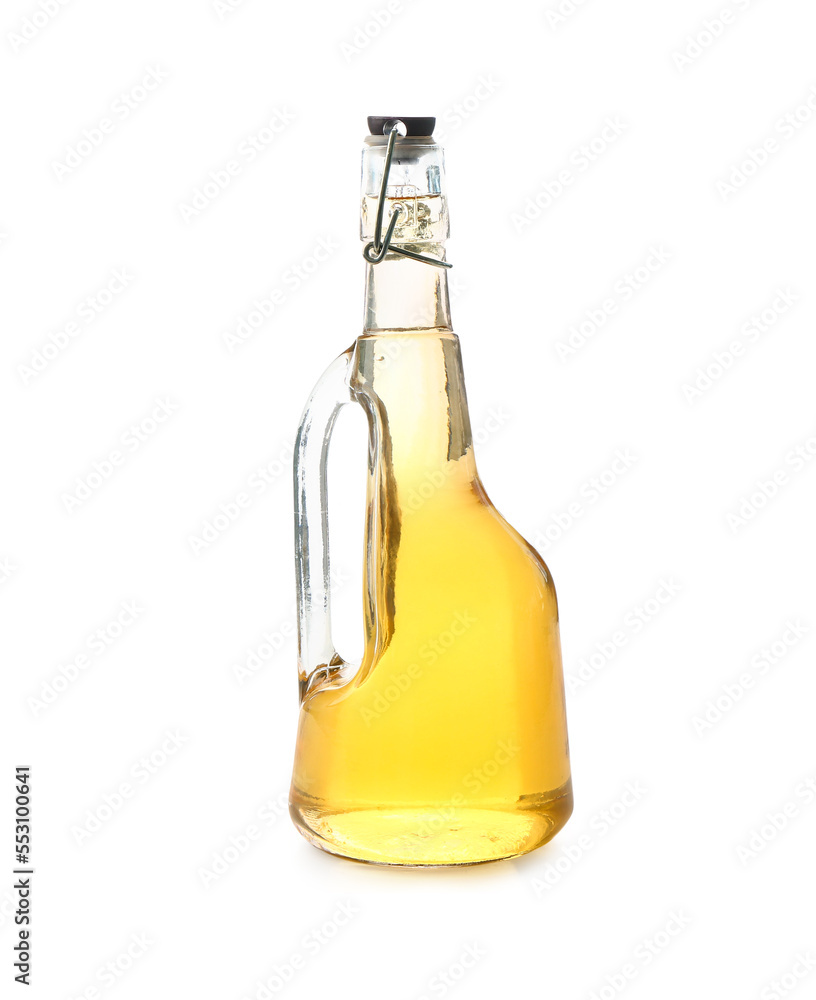 Bottle of fresh apple cider vinegar on white background