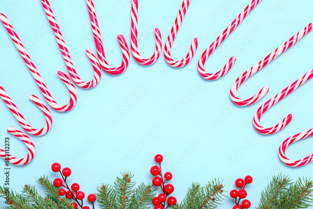 Composition with sweet candy canes, fir branches and cranberry on color background