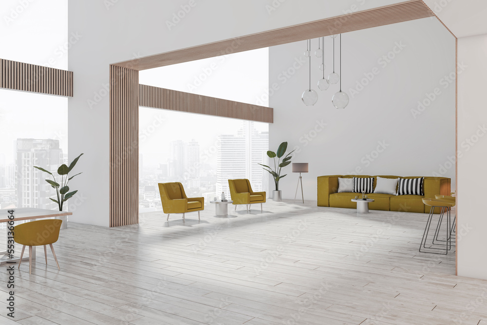 Contemporary spacious concrete and light wooden living room interior with furniture, window and city