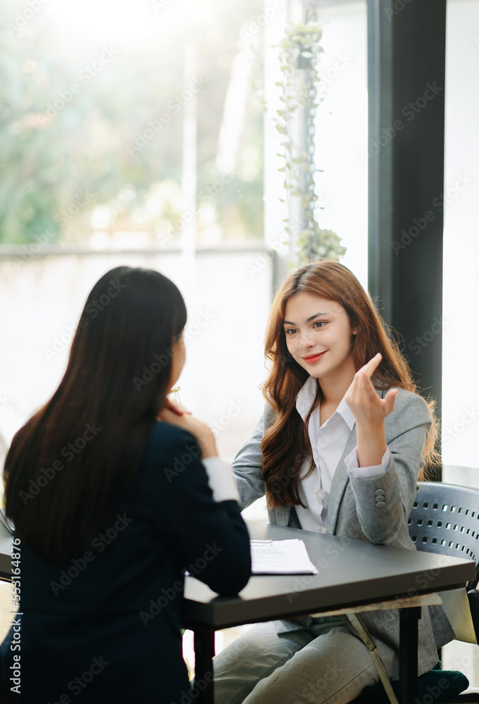 Female discussing new project with male colleague. Mature woman talking with young woman in office.