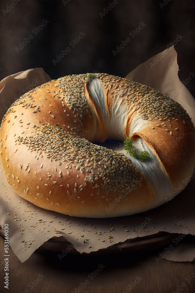 Fresh baked bagel. Sweet breakfast. Generative Ai.