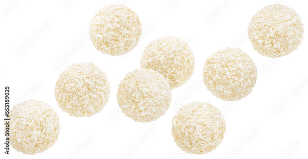 Falling coconut candies isolated on white background