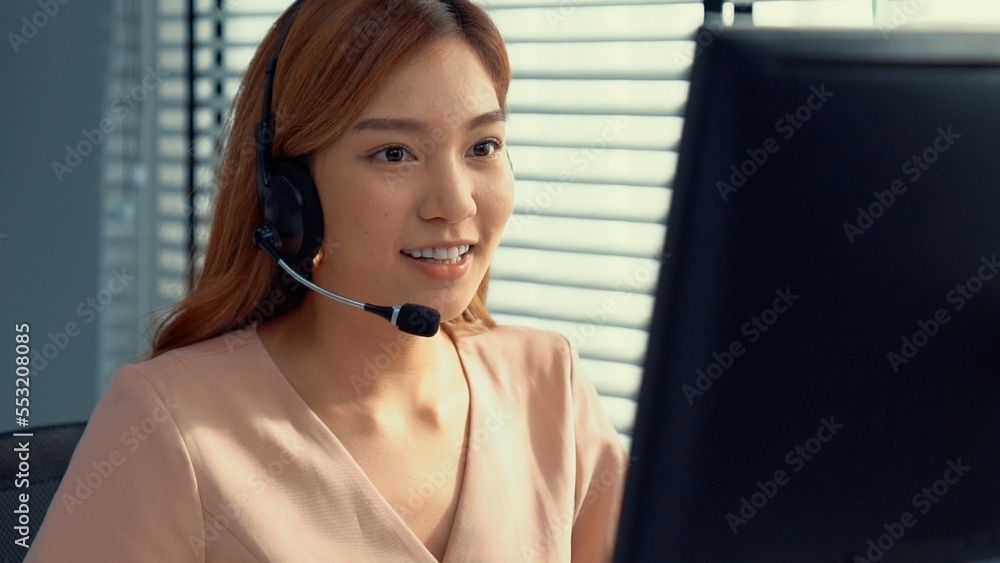 Competent female operator working on computer and while talking with clients. Concept relevant to bo