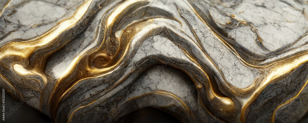 Splendid wavy pattern black and gold digital art marbling . Generative AI. 