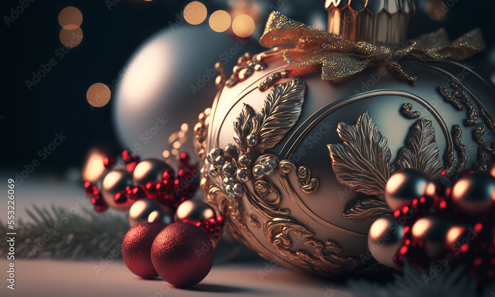 Christmas background with decorations and ornaments. Generative AI Imagery of a fictitious Xmas scen