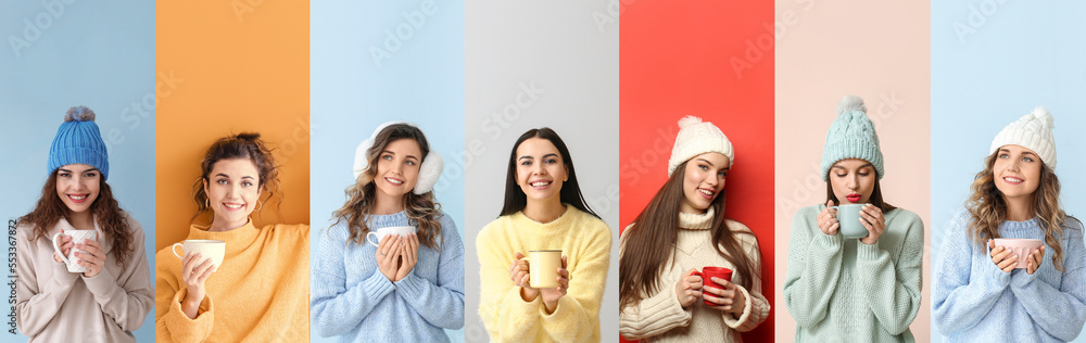 Set of beautiful young women with cups of hot beverages on colorful background