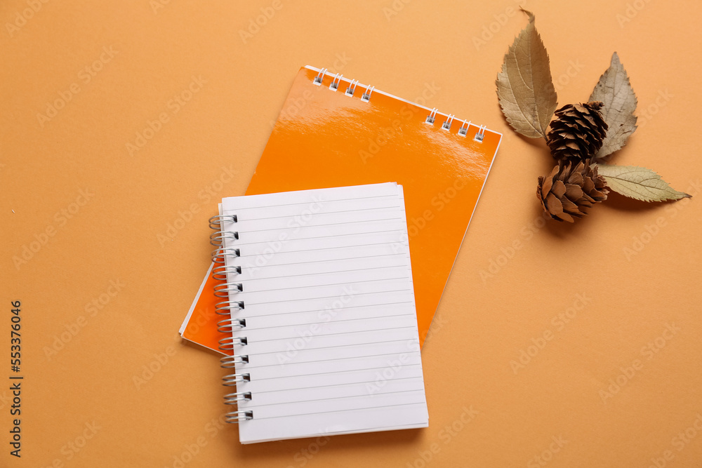 Notebooks, autumn leaves and cones on color background