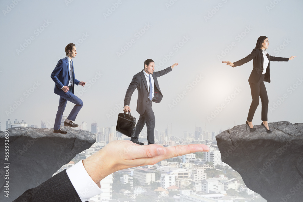 Image of team helping each other walk through obstacle on abstract city background with cliff gap. T