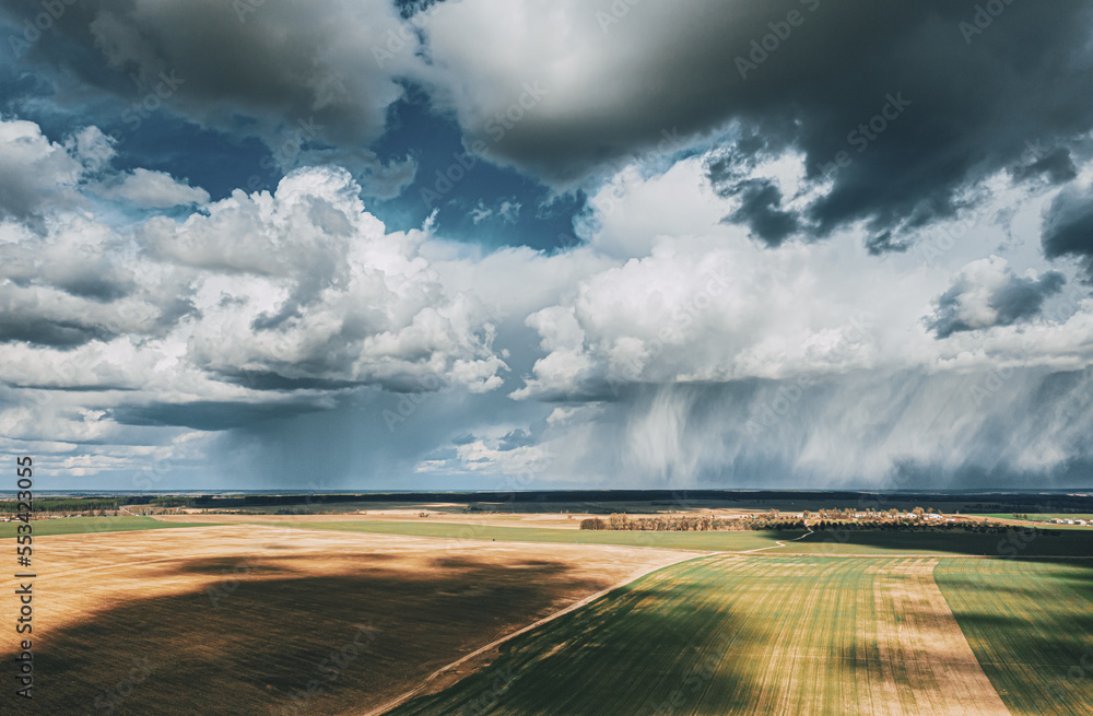 Scenic Sky With Fluffy Clouds On Horizon. Birds-eye Aerial View. Amazing Natural Dramatic Sky With 