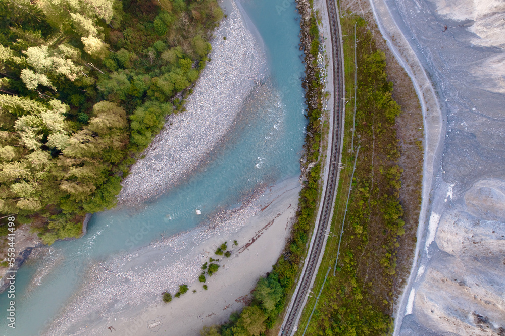 Beautiful aerial view of gorge of Anterior Rhine Valley with Rhine River at Versam, Canton Graubünde