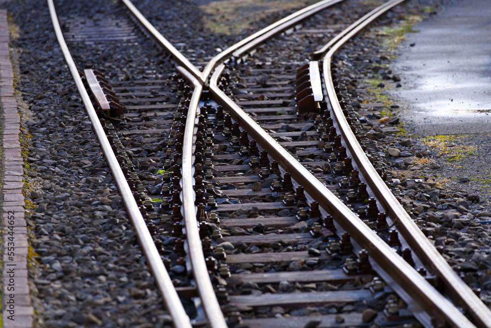 Close-up of railway switch of narrow gauge railway at train station Versam- Safien, Canton Graubünde