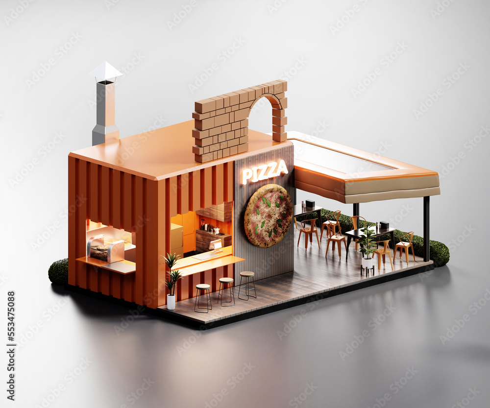 Isometric view minimal pizza restaurant container store exterior architecture, 3d rendering digital 