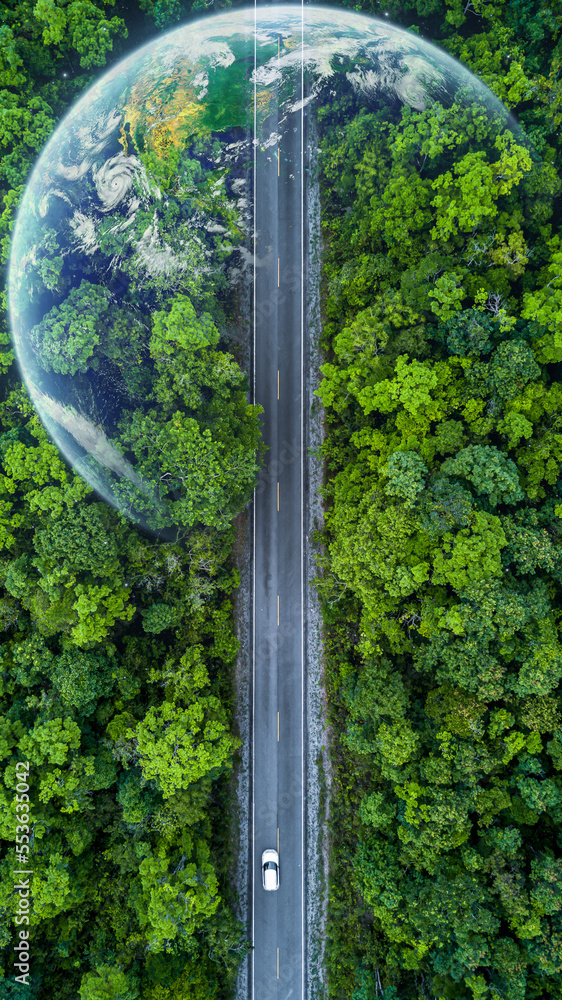 Eco car on forest road with earth planet going through forest, Ecosystem ecology healthy environment