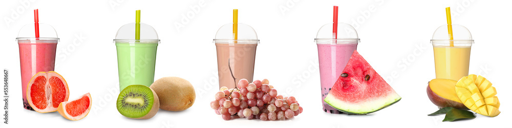 Set of different tasty bubble tea with fruits on white background