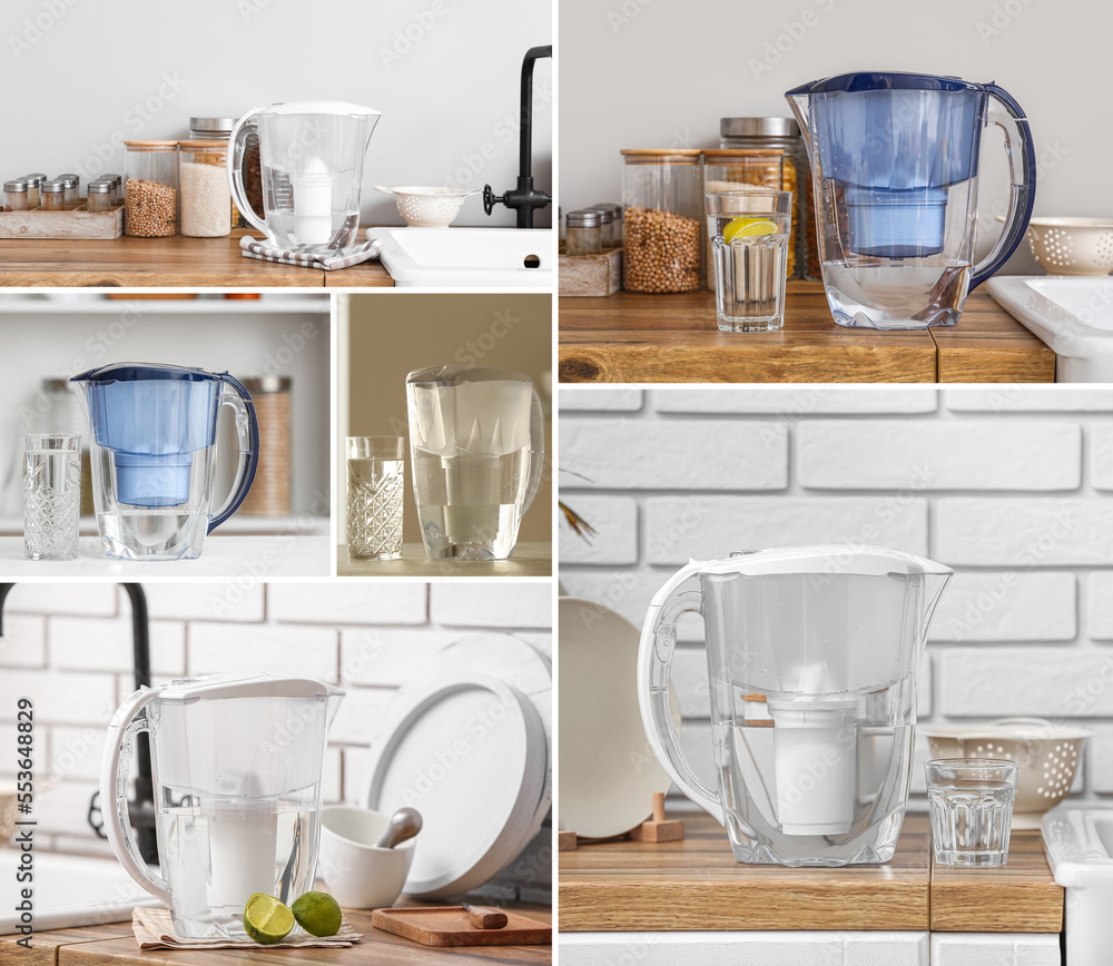 Set of water filter pitchers on table in kitchen