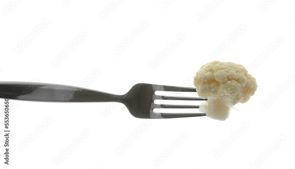 Fork with fresh cauliflower isolated on white background