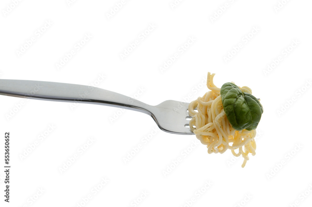 Fork with tasty noodles isolated on white background