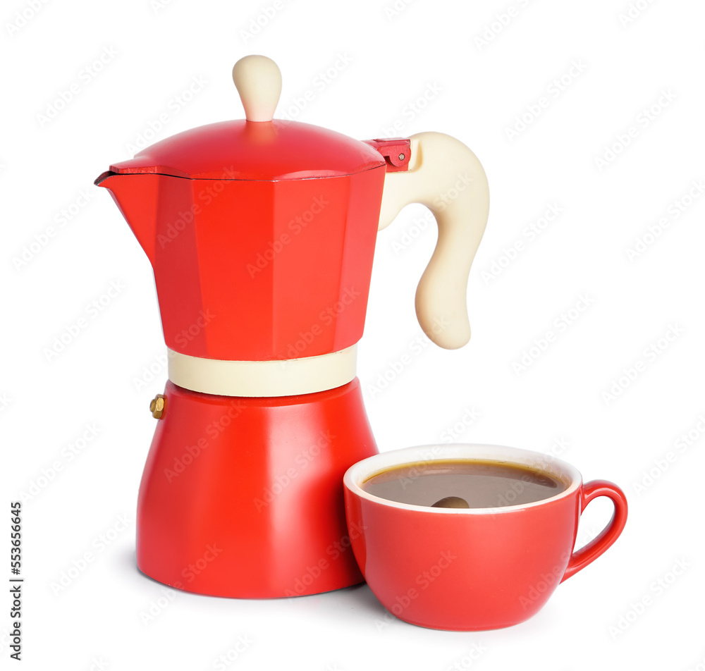 Geyser coffee maker and cup of espresso on white background