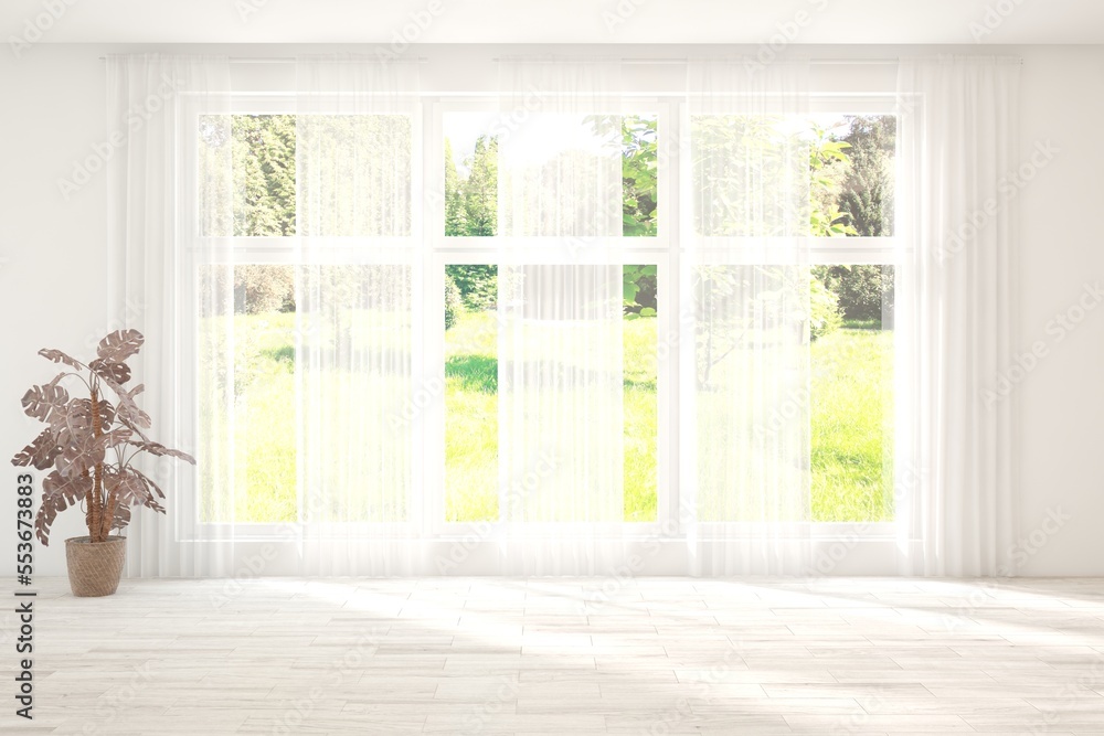 White empty room with summer landscape in window. Scandinavian interior design. 3D illustration