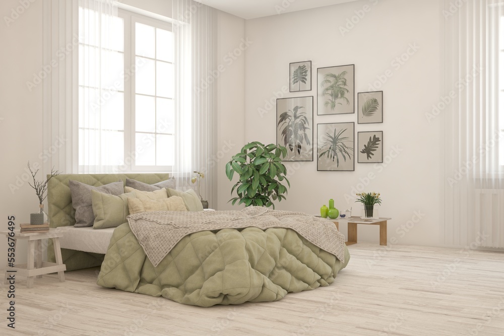 White bedroom interior. Scandinavian design. 3D illustration