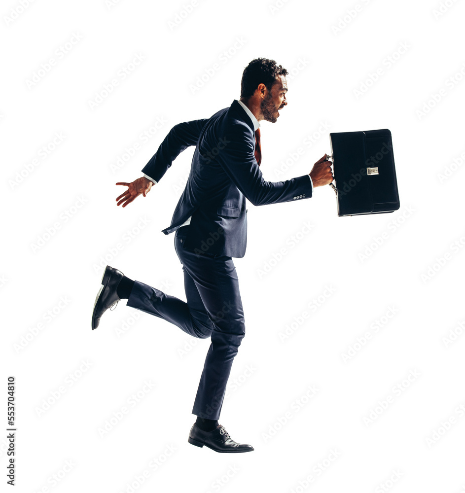 Ambitious businessman running with a briefcase on a transparent background