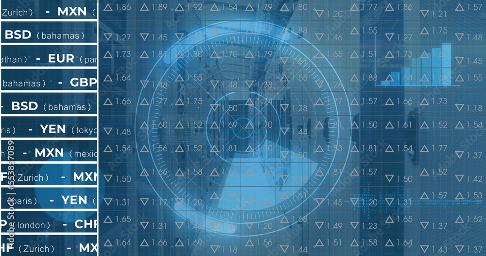 Image of digital data processing and digital interface and grid over blue background