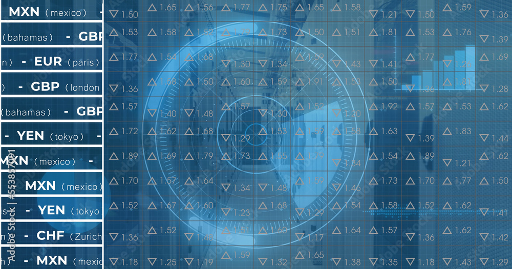 Image of digital data processing and digital interface and grid over blue background